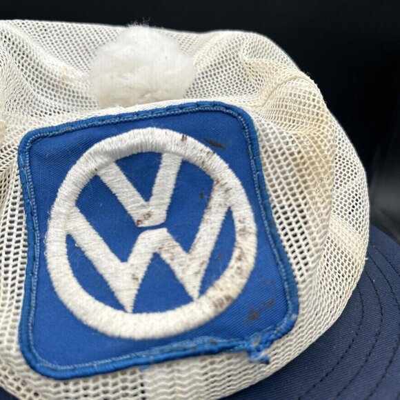 Vintage Volkswagen Mesh Short Brim Adjustable White And Blue Hat, with Pompom - Picture 3 of 9